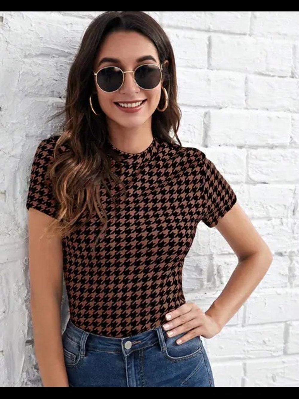 SHEIN Black and Brown Houndstooth Short Sleeve Top